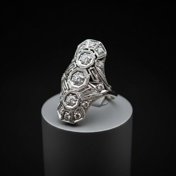 Vintage European Cut Art Deco Antique Silver Ring - Picture 5 of 9